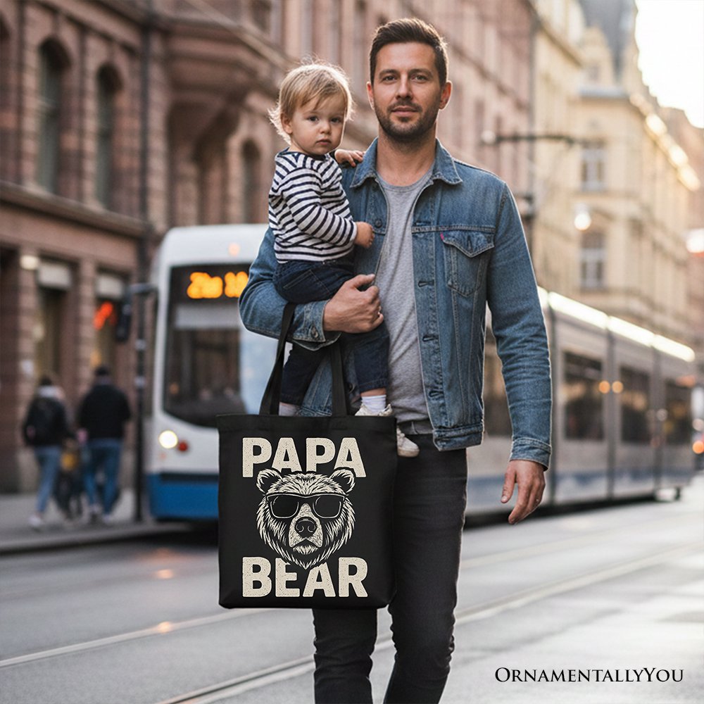 Papa Bear Sunglasses Canvas Tote Bag, Black Vintage Gift Shopper for Cool Dads