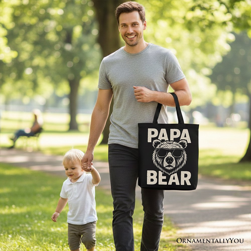 Papa Bear Sunglasses Canvas Tote Bag, Black Vintage Gift Shopper for Cool Dads